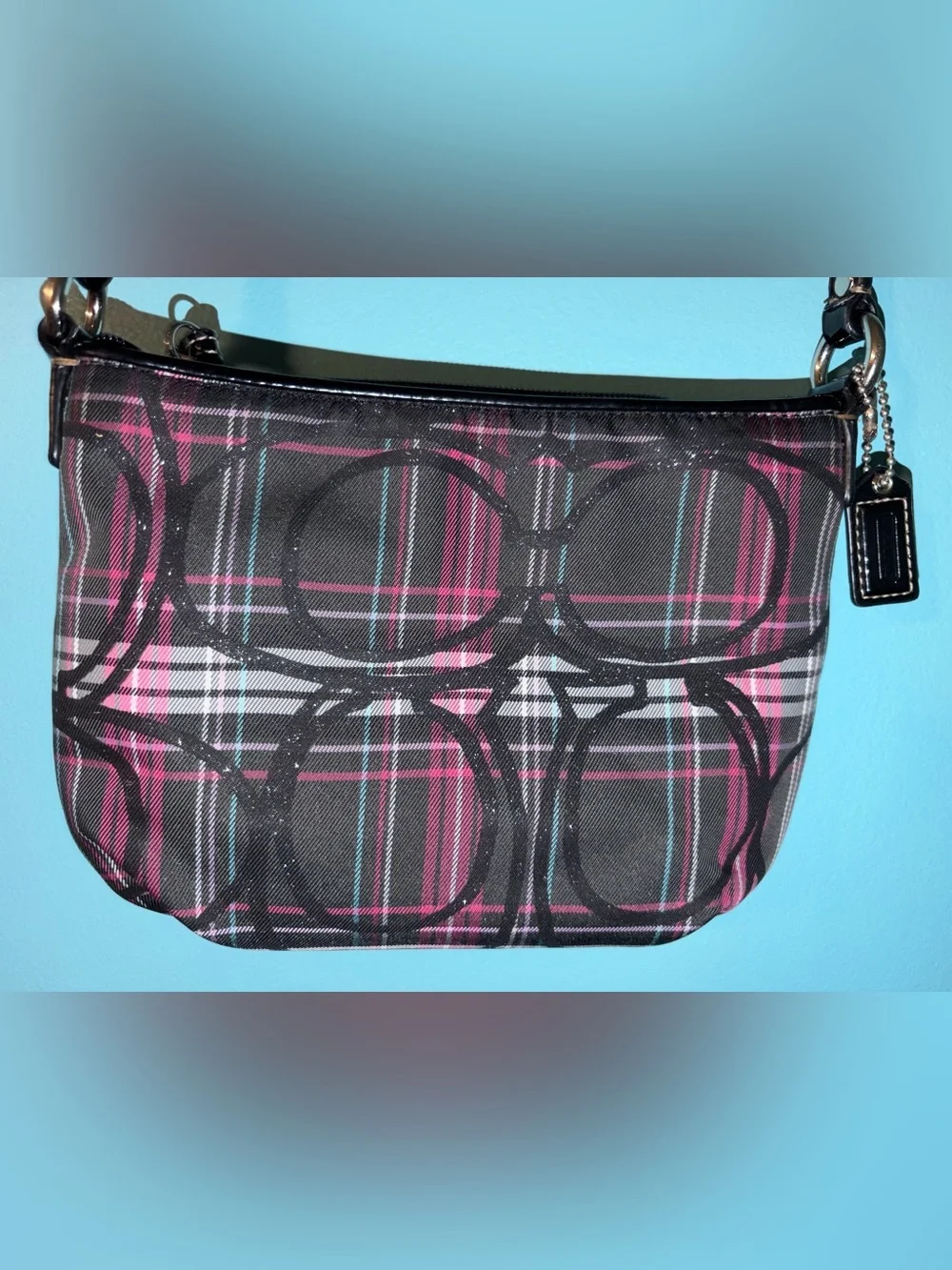 Coach Poppy Tartan Black Plaid Mini Crossbody with Pink & Teal Accents